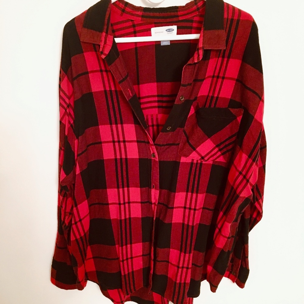 Relaxed Red & Black Plaid Twill Shirt